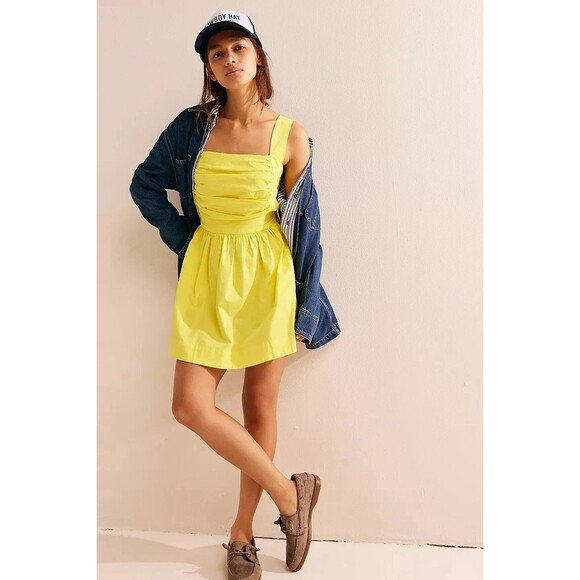 Free People Free-est Meet Me In Maui Mini Dress Ruched Cotton Yellow L 283049 - Picture 1 of 8